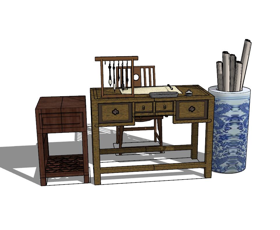 室内中式家具SU模型 (5) 书画桌椅-1