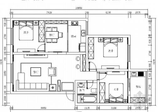精装三居室样板房室内设计CAD施工图-1