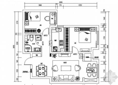 现代中式淡雅二居室住宅室内设计CAD施工图含效果-1