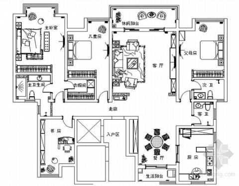 豪华大宅美式风格三居室装修室内设计施工图（含效果）-1