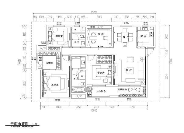 三居室中式风格住宅装修施工图+效果图-1