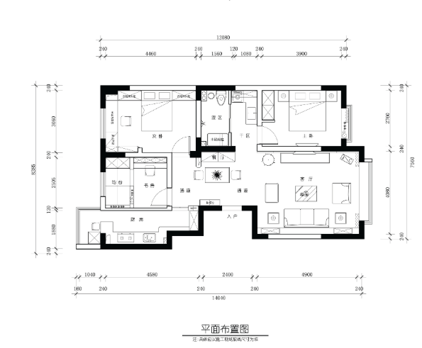 新疆五家渠115平三居室住宅装修施工图-1