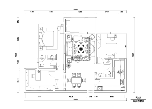 橡树湾两居室住宅装修施工图+效果图-1