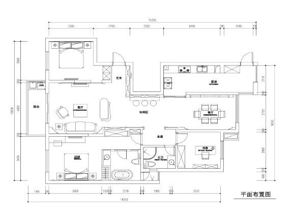 140平简欧风格平层公寓装修施工图+效果图-1