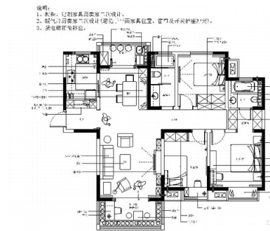 [河南]时尚清新简约美式风格三居室室内装修施工图（含效...-1