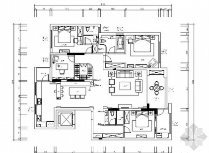 [南通]精品英式田园四居室样板间CAD装修施工图（含软装...-1