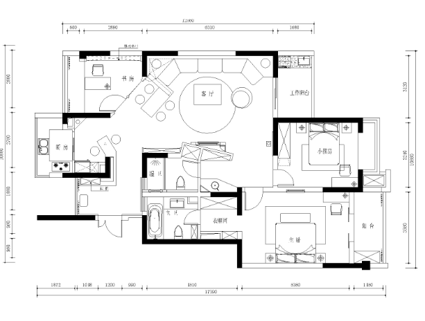 苏州130平两居室公寓装修施工图+效果图-1