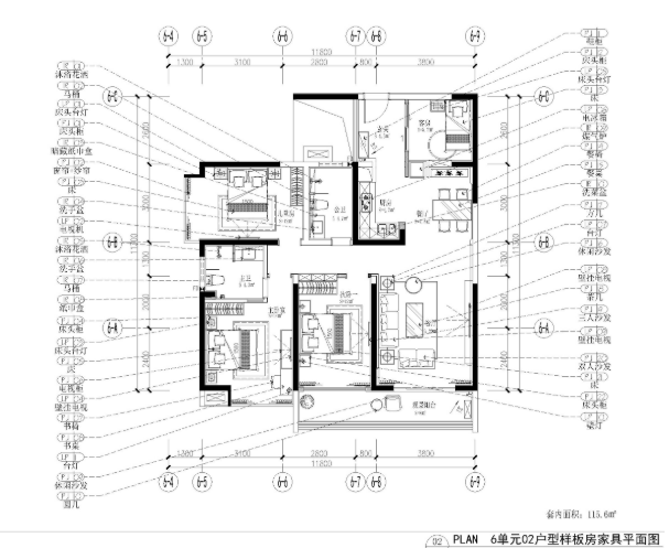 深圳115.6㎡四居室样板房装修施工图+效果图-1