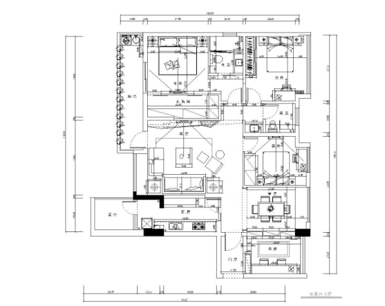 现代风格三居室住宅装修施工图+​效果图-1