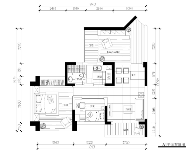 现代风格两居室样板间装修施工图+效果图-1