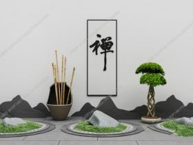 新中式石头盆栽摆件组合3D模型