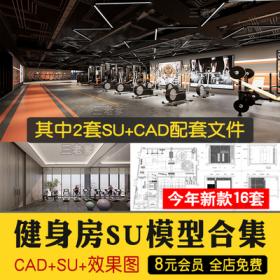 0333现代工业风健身房SU模型配套CAD施工图俱乐部私教瑜伽...