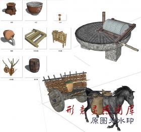 T307农家乐小品马车麻袋箩筐木箱子农具柴堆木桶古井草图...