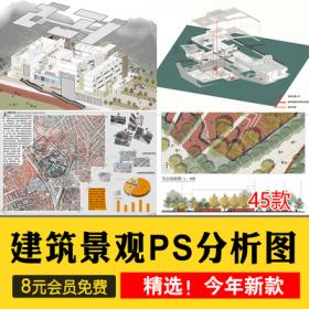 0376园林景观建筑规划PS 竞赛风小清新剖立面分析图PSD生态...