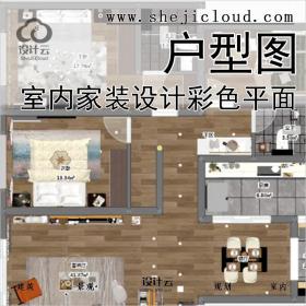 【056】室内家装工装设计彩色平面PSD模板二三房公寓户型图