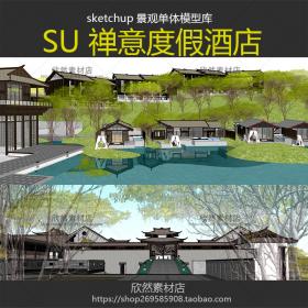 T2110 sketchup新中式民宿设计客栈酒店旅游度假建筑景观su模...