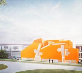Peter Cook 公布伯恩茅斯艺术大学创意中心方案，用橙色交叉...