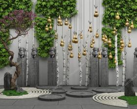 中式藤蔓景观树石狮雕塑金葫芦组合3D模型