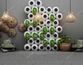 新中式陶瓷盆栽石磨吊灯组合3D模型