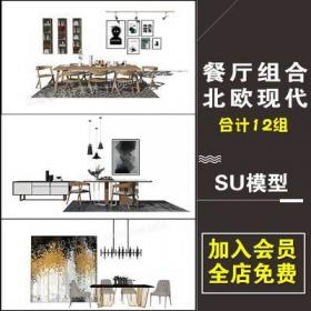 0111现代轻奢室内家具北欧风格草图大师Sketchup餐桌椅子SU模...