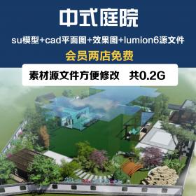 T1296 中式庭院草图大师cad+su+lumion别墅庭院民宿庭院景观设...