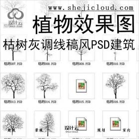 【7853】枯树灰调线稿风PSD分层素材景观建筑植物效果图剖...