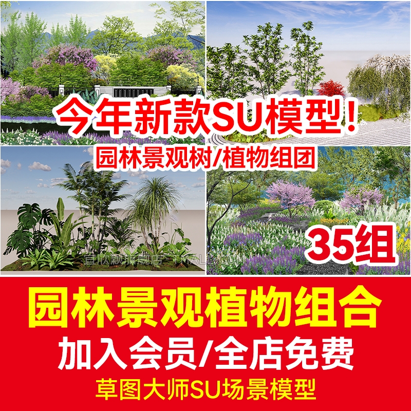 现代园林景观树草图大师SU模型植物组团乔木灌木地被花卉sketchup-1