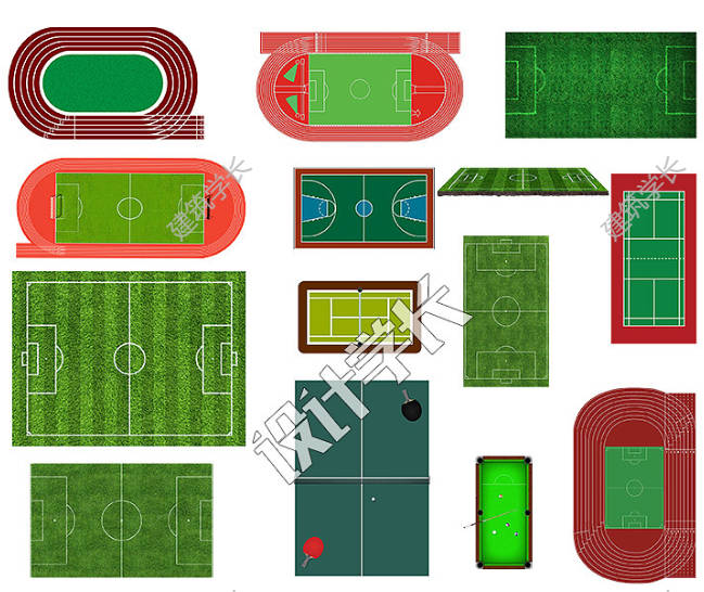 运动场地平面图ps操场篮球场足球羽毛球网球场彩平图psd分层素材-1